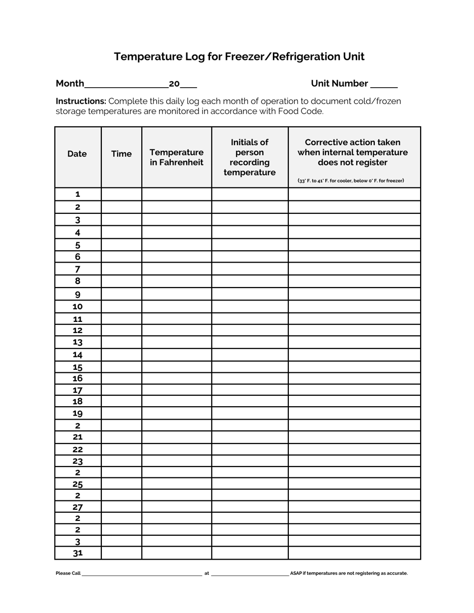 Printable Refrigerator Temperature Log Printable Templates