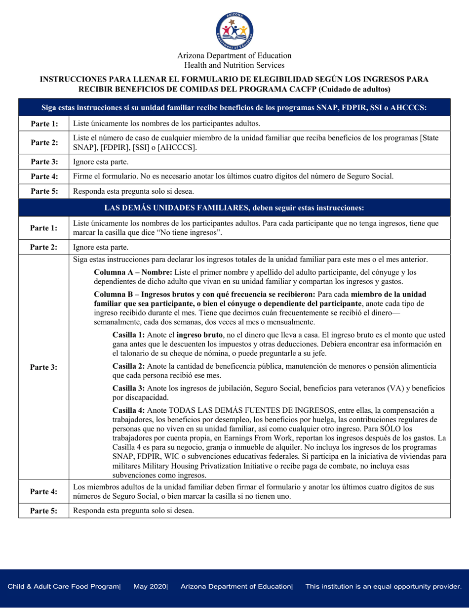 Instructions for CACFP Meal Benefit Income Eligibility Form for Adult Participants - Arizona (English / Spanish), Page 2