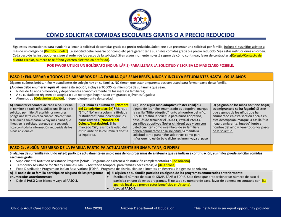 Instructions for Child and Adult Care Food Program Meal Benefit Income Eligibility Application - Arizona (English / Spanish), Page 4