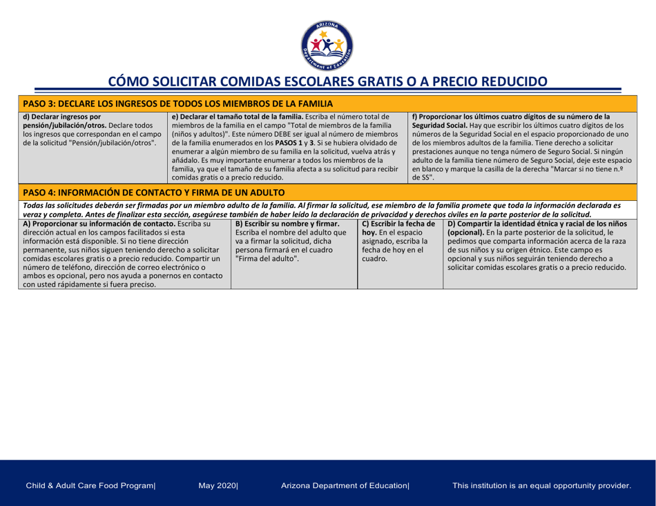 Instructions for Child and Adult Care Food Program Meal Benefit Income Eligibility Application - Arizona (English / Spanish), Page 6