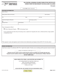 Document preview: Form MV-278.8 SSC Pre-licensing Course Completion Certificate Order Form for Secondary Schools and Colleges - New York