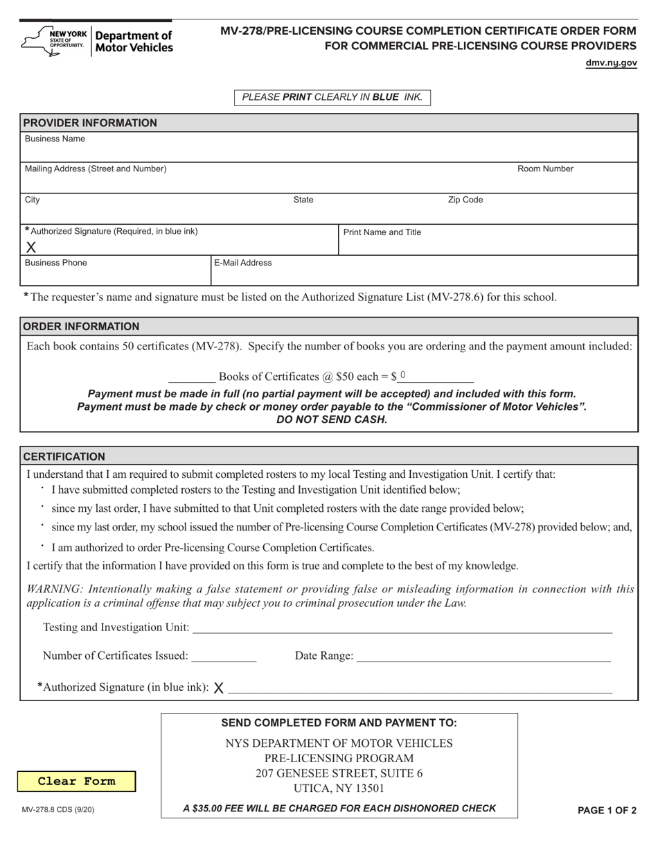 Form MV-278.8 CDS Pre-licensing Course Completion Certificate Order Form for Commercial Pre-licensing Course Providers - New York, Page 1