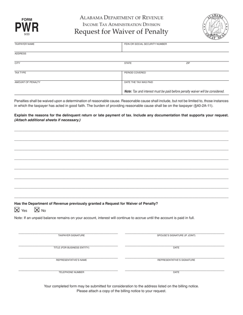 Form PWR Request for Waiver of Penalty - Alabama