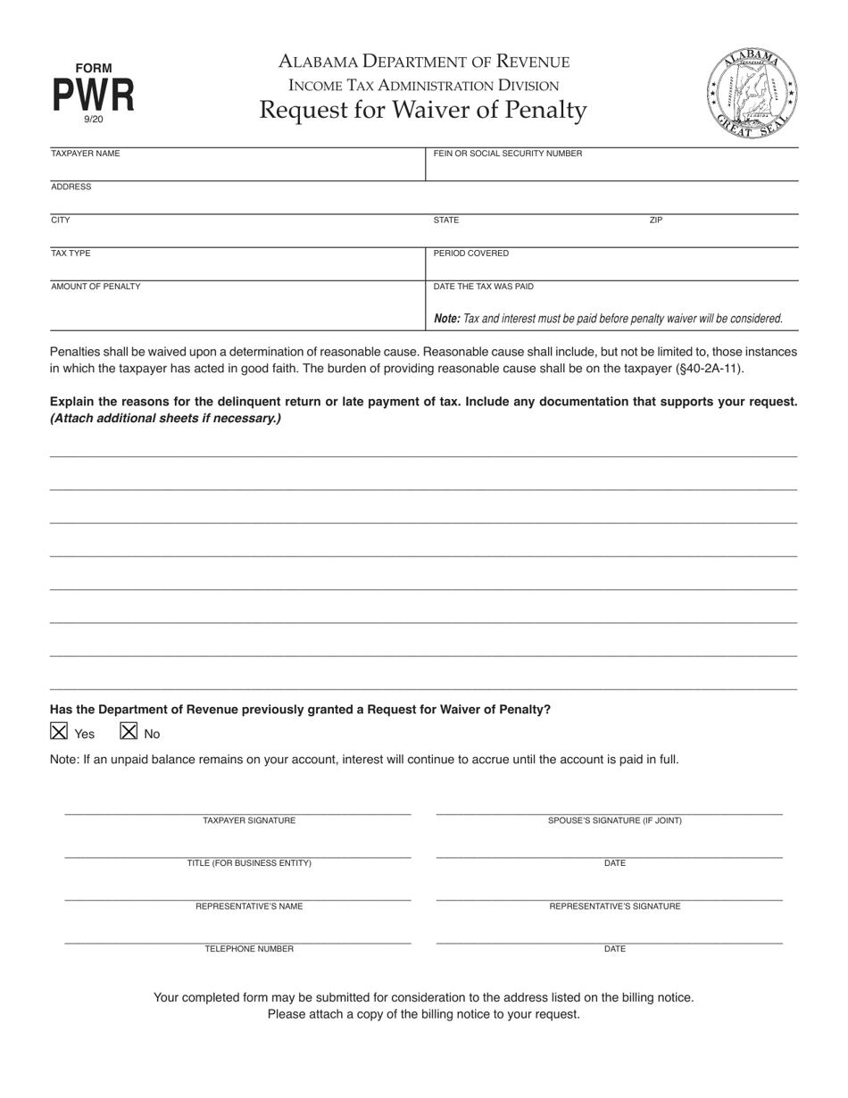 Form PWR Request for Waiver of Penalty - Alabama, Page 1