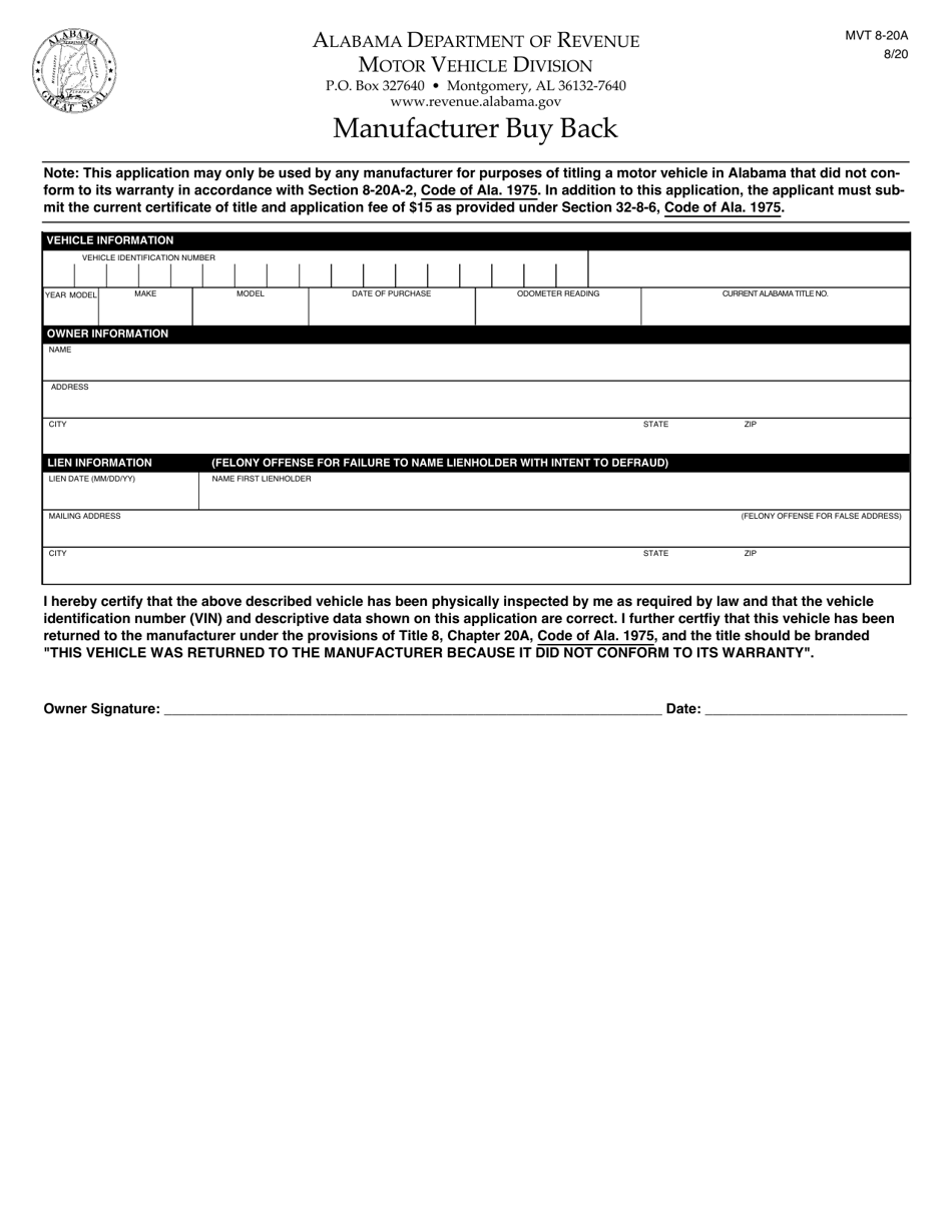 Form MVT8-20A Manufacturer Buy Back - Alabama, Page 1