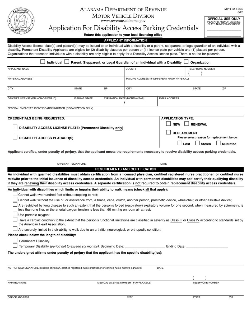Form MVR32-6-230 Application for Disability Access Parking Credentials - Alabama, Page 1
