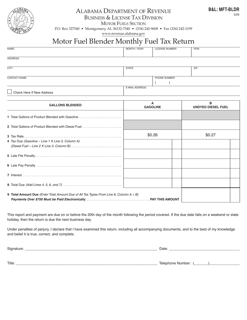 Form BL: MFT-BLDR Motor Fuel Blender Monthly Fuel Tax Return - Alabama, Page 1