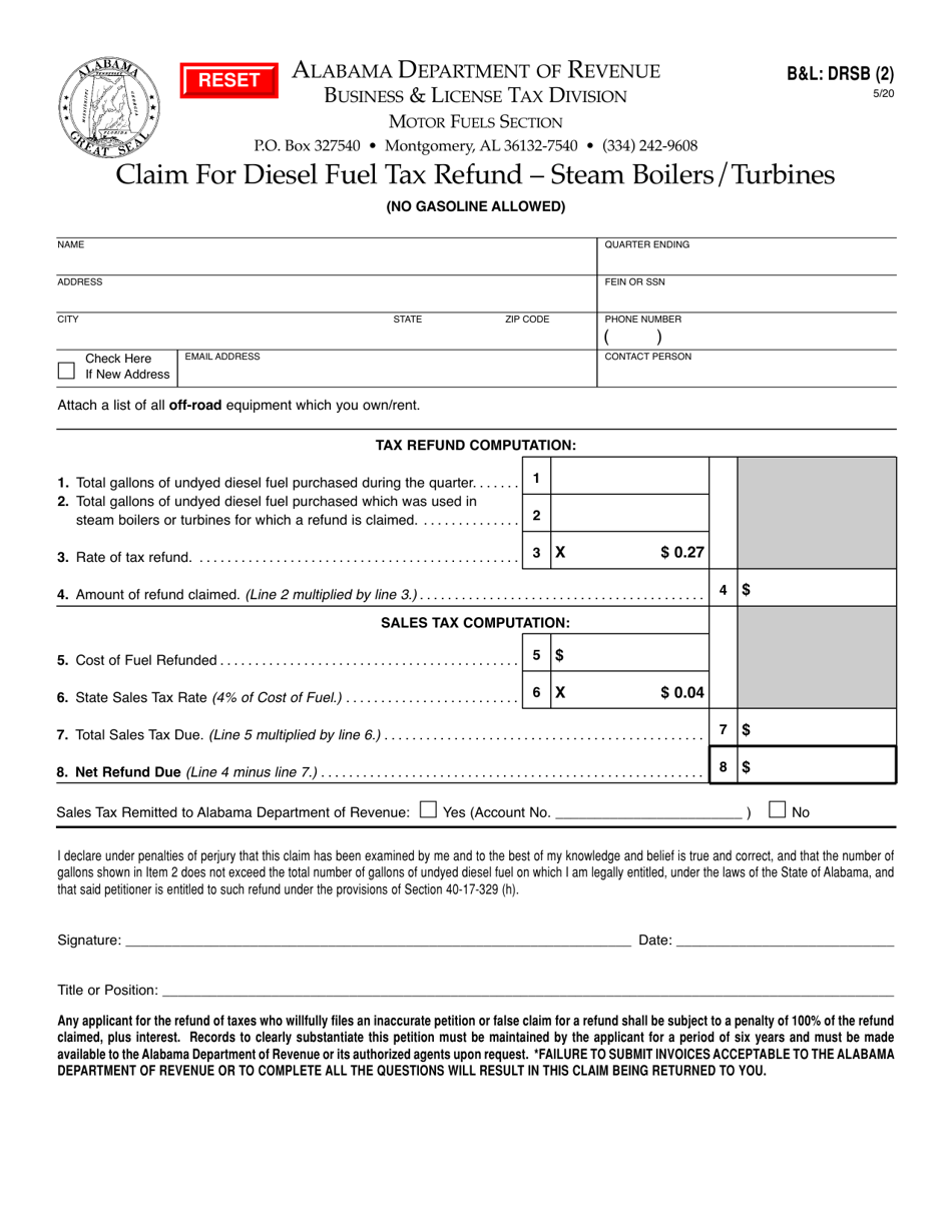 Form BL: DRSB (2) Claim for Diesel Fuel Tax Refund - Steam Boilers / Turbines - Alabama, Page 1