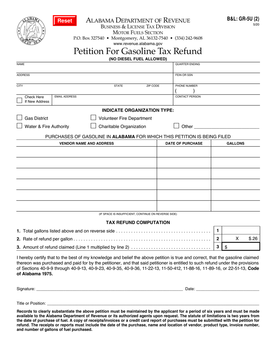 Form BL: GR-5U (2) Petition for Gasoline Tax Refund - Alabama, Page 1
