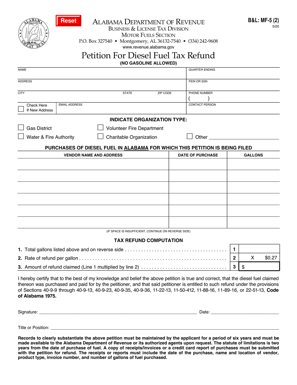 Form BL: MF-5 (2) Petition for Diesel Fuel Tax Refund - Alabama, Page 1