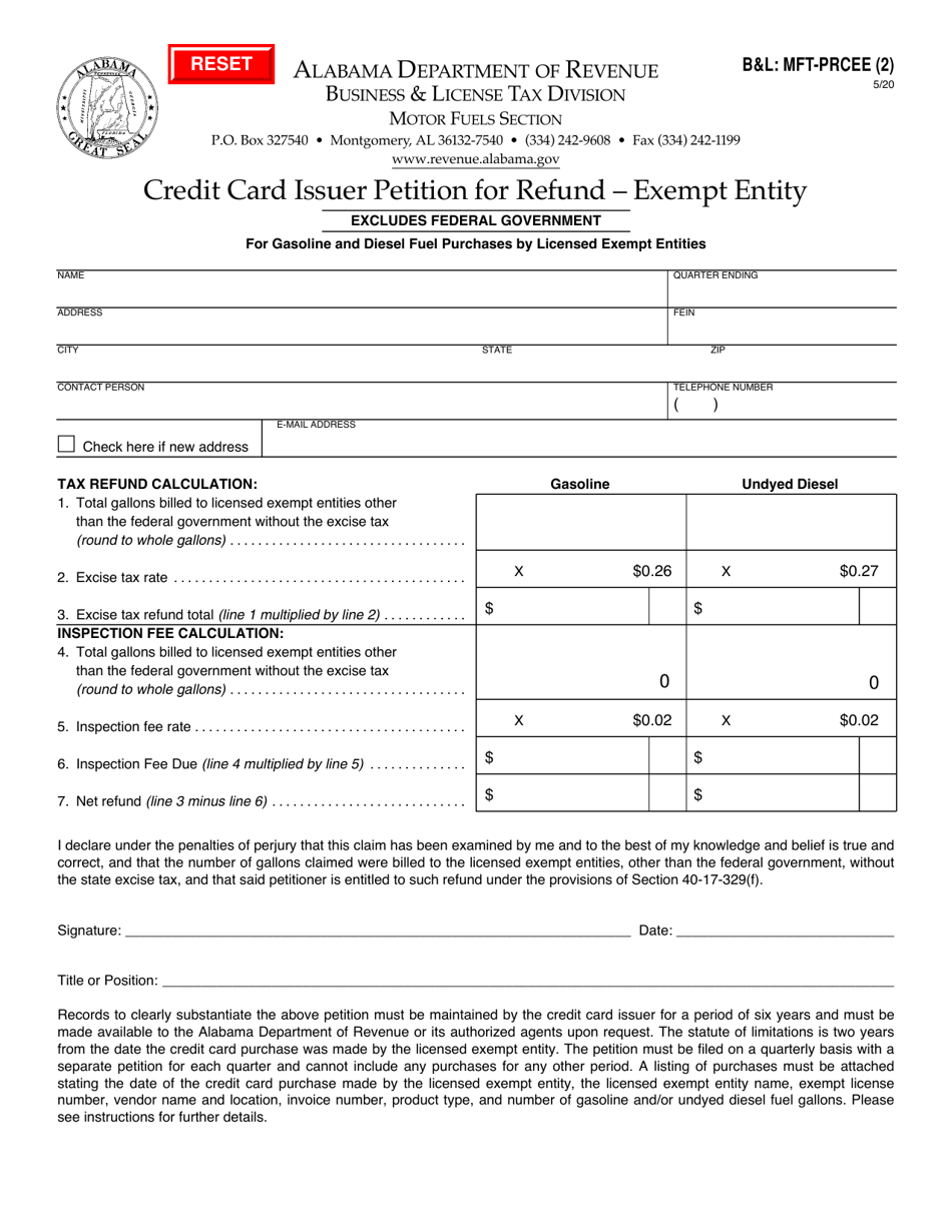 Form BL: MFT-PRCEE (2) Credit Card Issuer Petition for Refund - Exempt Entity - Alabama, Page 1
