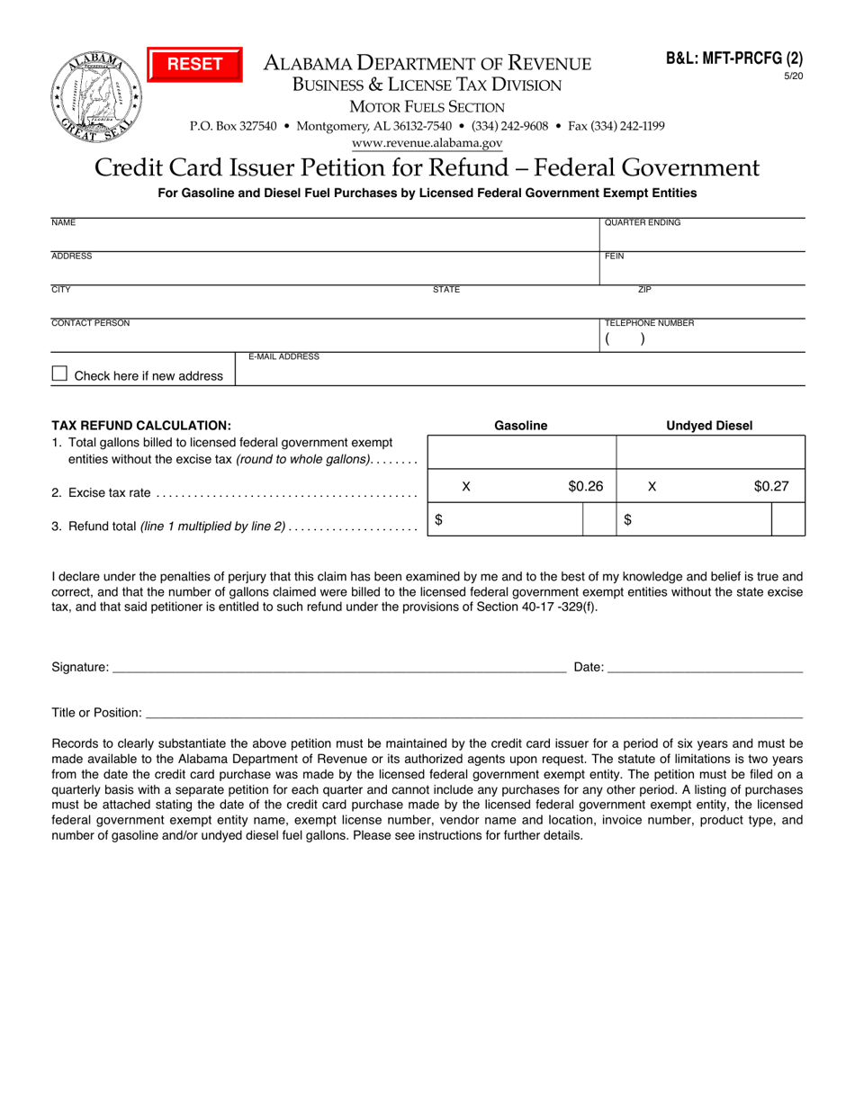 Form BL: MFT-PRCFG (2) Credit Card Issuer Petition for Refund - Federal Government - Alabama, Page 1