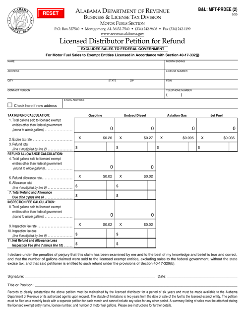 Form B&L: MFT-PRDEE (2) Licensed Distributor Petition for Refund - Alabama