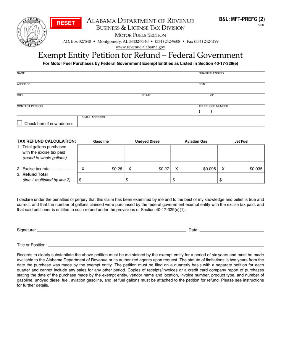 Form BL: MFT-PREFG (2) Exempt Entity Petition for Refund - Federal Government - Alabama, Page 1