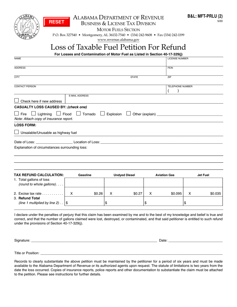 Form BL: MFT-PRLU (2) Loss of Taxable Fuel Petition for Refund - Alabama, Page 1