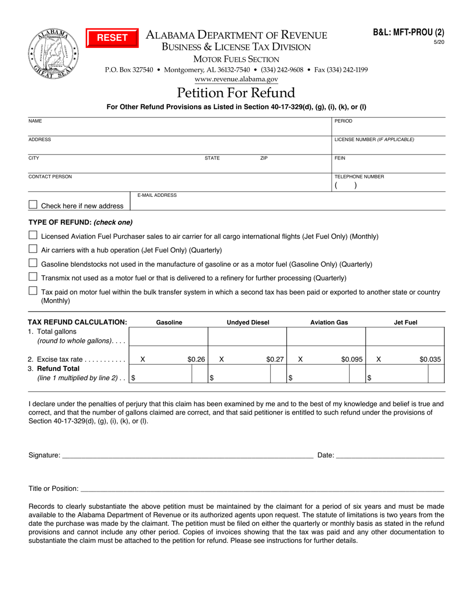 Form BL: MFT-PROU (2) Petition for Refund - Alabama, Page 1