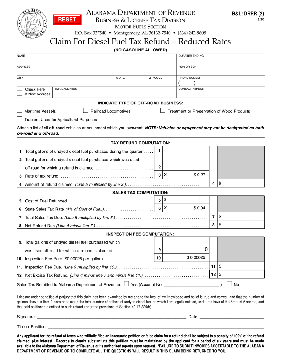 Form BL: DRRR (2) Claim for Diesel Fuel Tax Refund - Reduced Rates - Alabama, Page 1