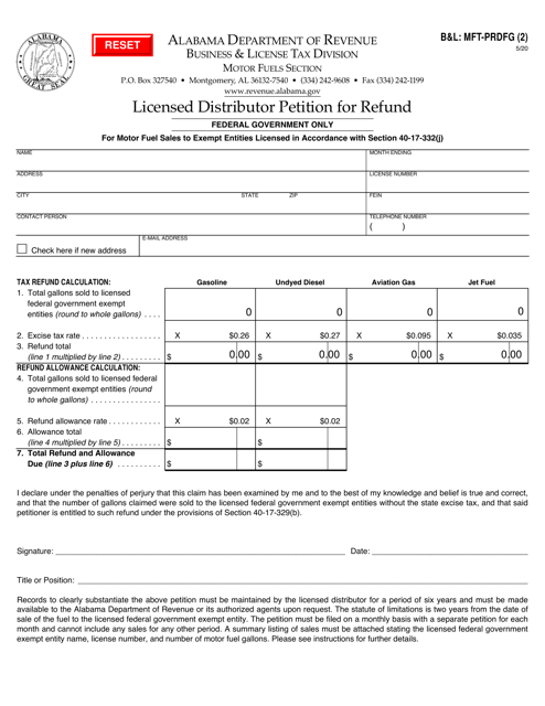 Form B&L: MFT-PRDFG (2) Licensed Distributor Petition for Refund - Alabama
