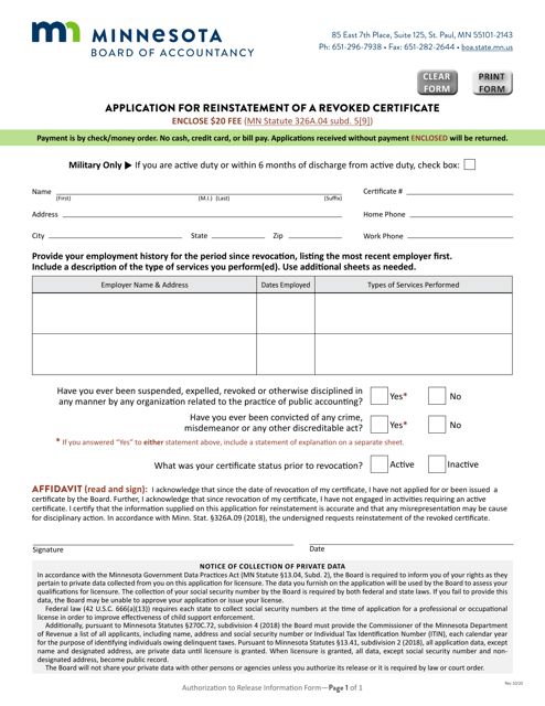 Application for Reinstatement of a Revoked Certificate - Minnesota Download Pdf