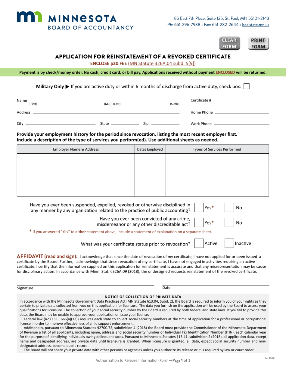 Application for Reinstatement of a Revoked Certificate - Minnesota, Page 1