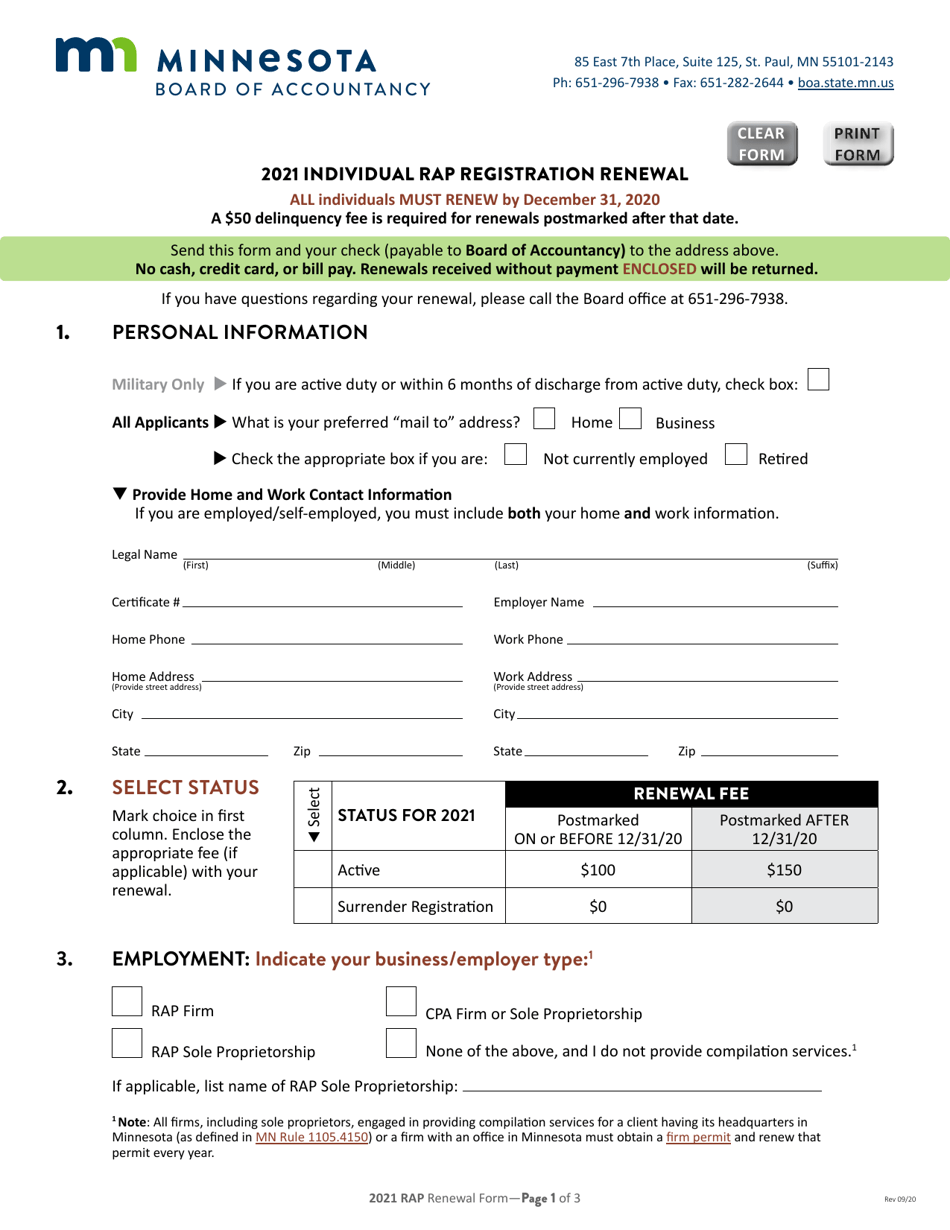 Individual Rap Registration Renewal - Minnesota, Page 1