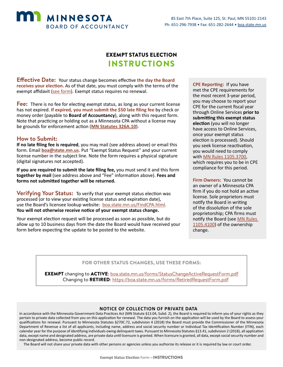 Minnesota Exempt Status Election Form Download Fillable PDF