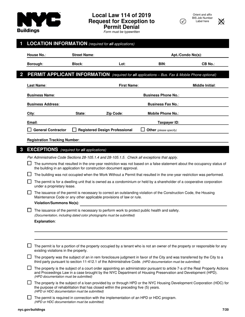 New York City Local Law 114 of 2019 Request for Exception to Permit