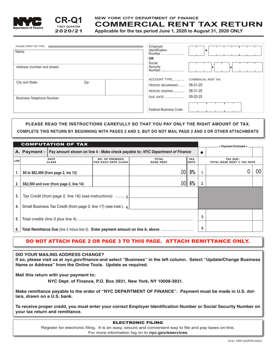 Form CR-Q1 Commercial Rent Tax Return - New York City, Page 1