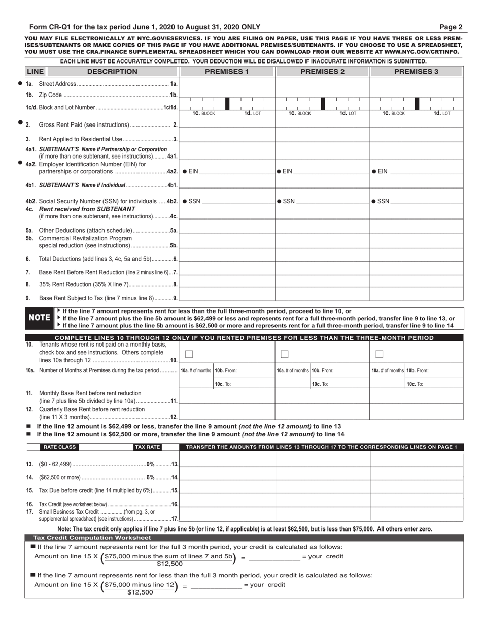 Form CR-Q1 Commercial Rent Tax Return - New York City, Page 2