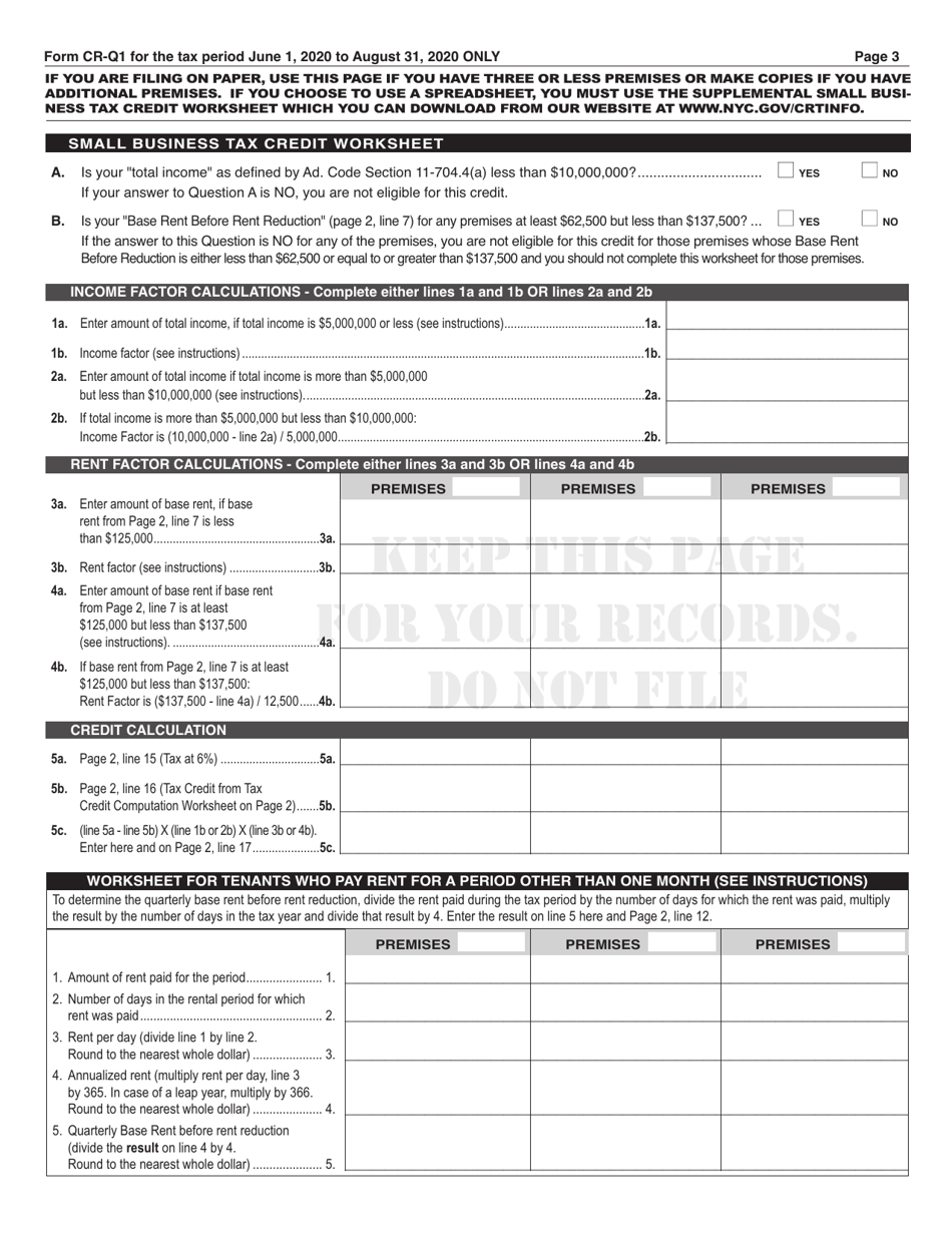 Form CR-Q1 Commercial Rent Tax Return - New York City, Page 3