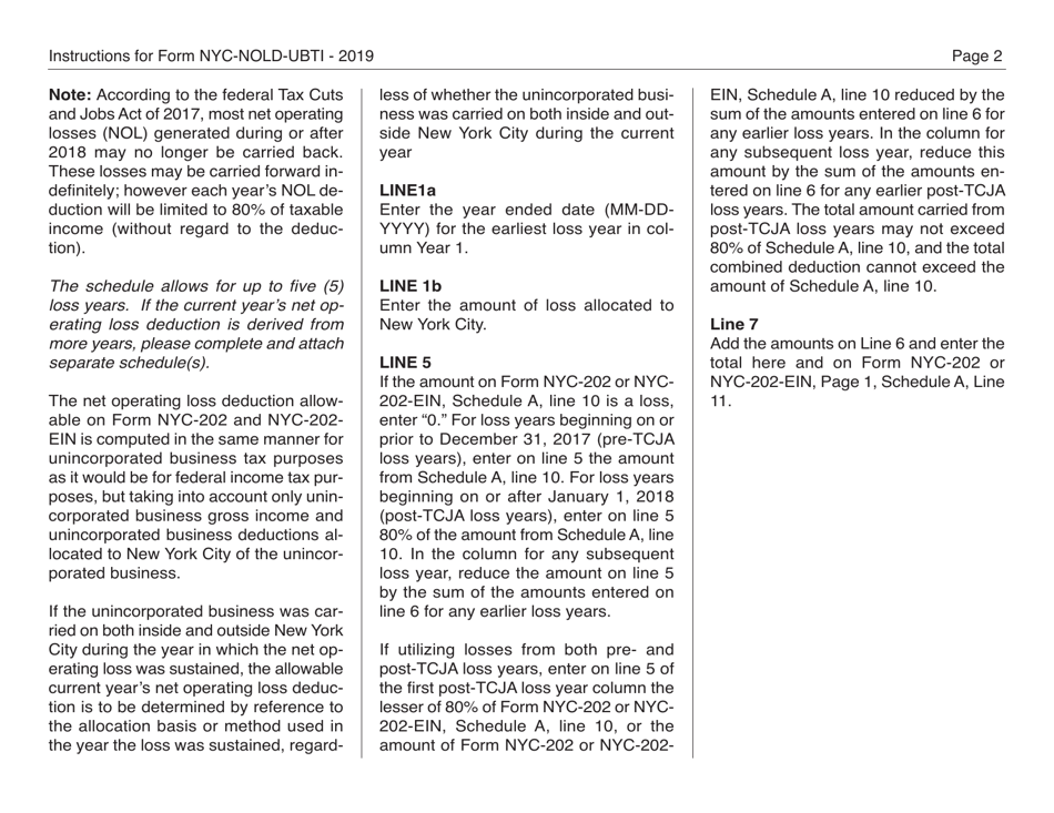 Form NYC-NOLD-UBTI Net Operating Loss Deduction Computation for Unincorporated Business Tax for Individuals, Single-Member Llcs, Estates and Trusts - New York City, Page 2