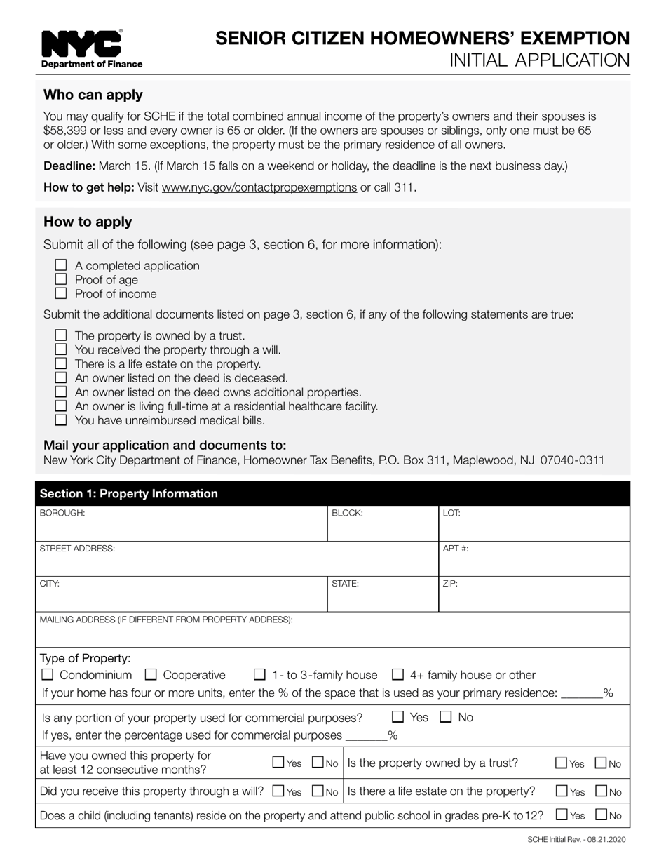 New York City Senior Citizen Homeowners' Exemption Initial Application  Download Fillable PDF | Templateroller