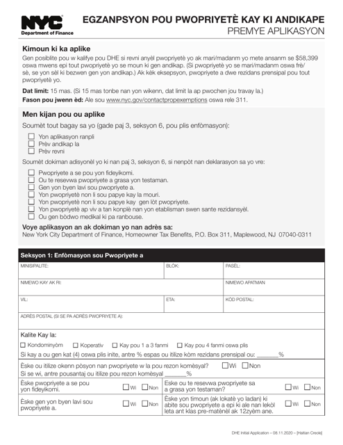 Disabled Homeowners' Exemption Initial Application - New York City (Haitian Creole) Download Pdf