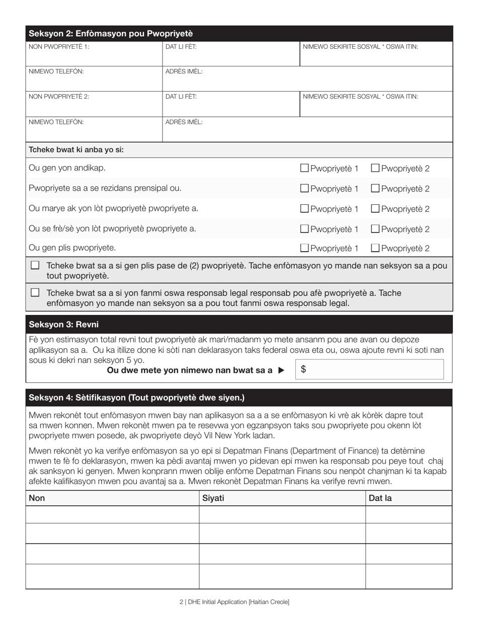Disabled Homeowners Exemption Initial Application - New York City (Haitian Creole), Page 2