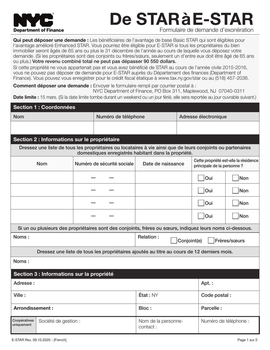 Star to E-Star Exemption Application - New York City (French), Page 1