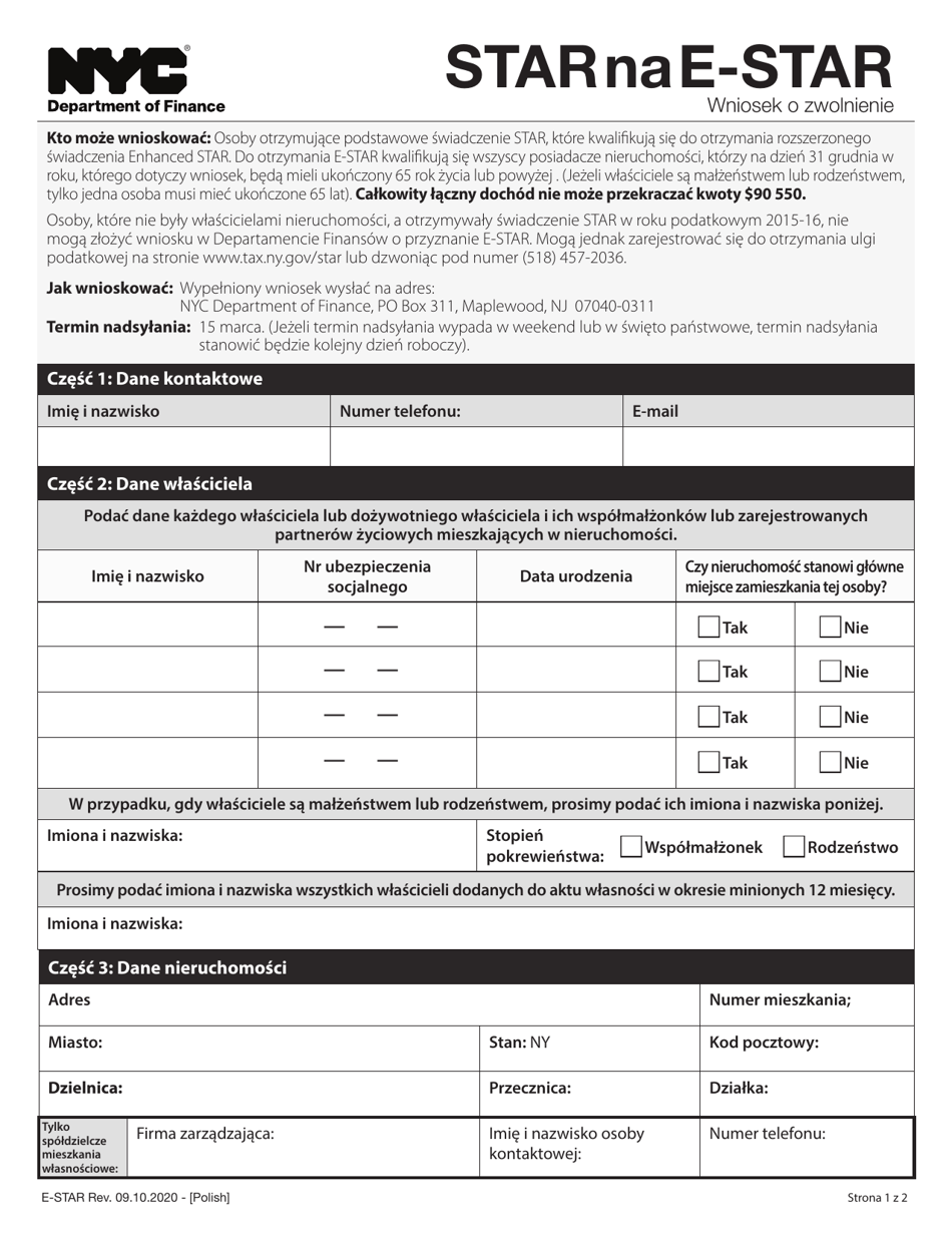 Star to E-Star Exemption Application - New York City (Polish), Page 1