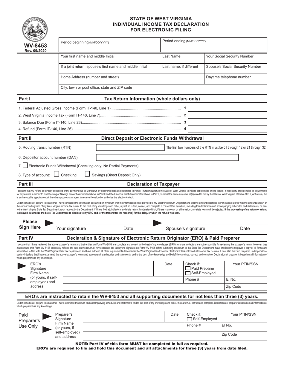 Form WV-8453 Individual Income Tax Declaration for Electronic Filing - West Virginia, Page 1