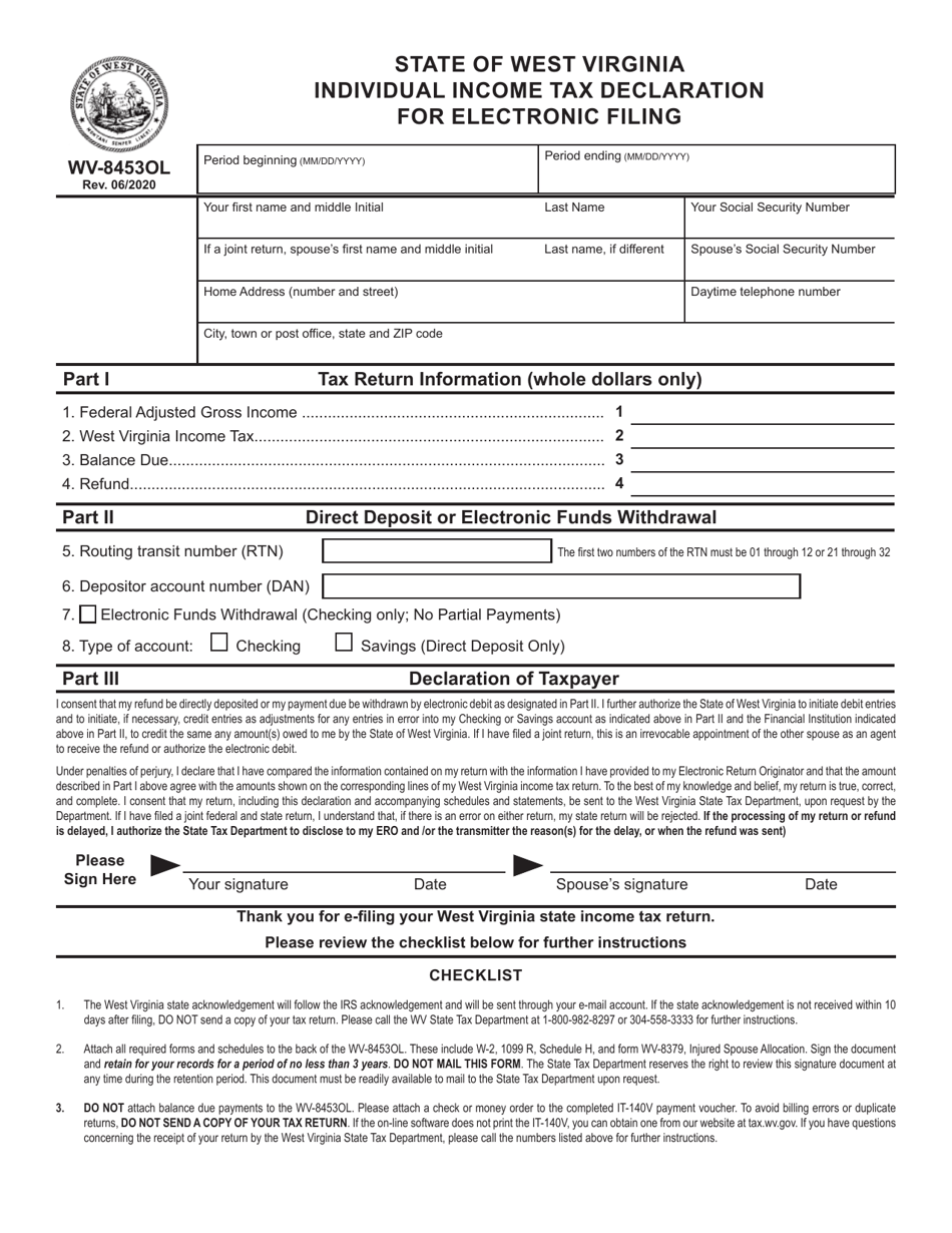 Form WV-8453OL Individual Income Tax Declaration for Electronic Filing - West Virginia, Page 1
