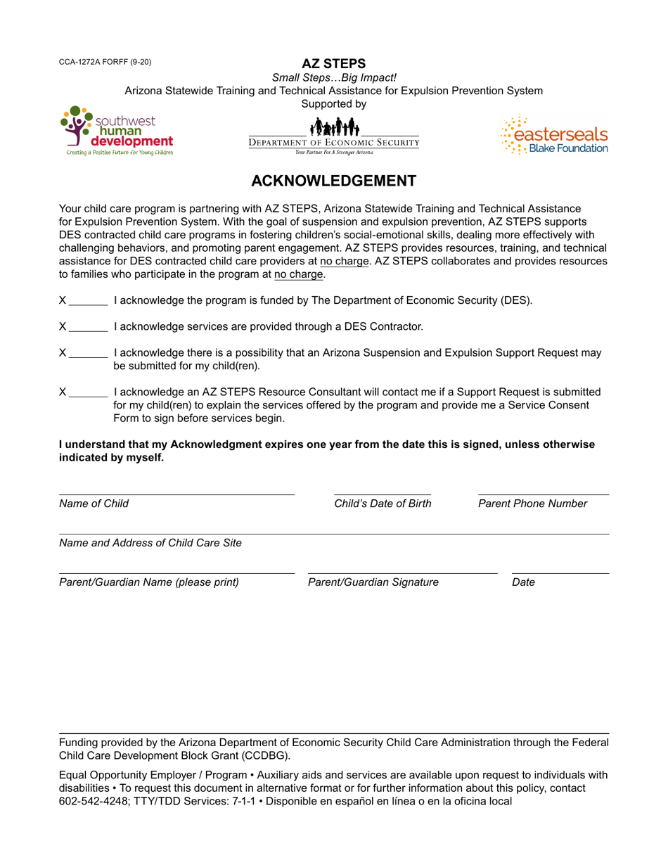 Form CCA-1272A Az Steps Parent Acknowledgement - Arizona, Page 1