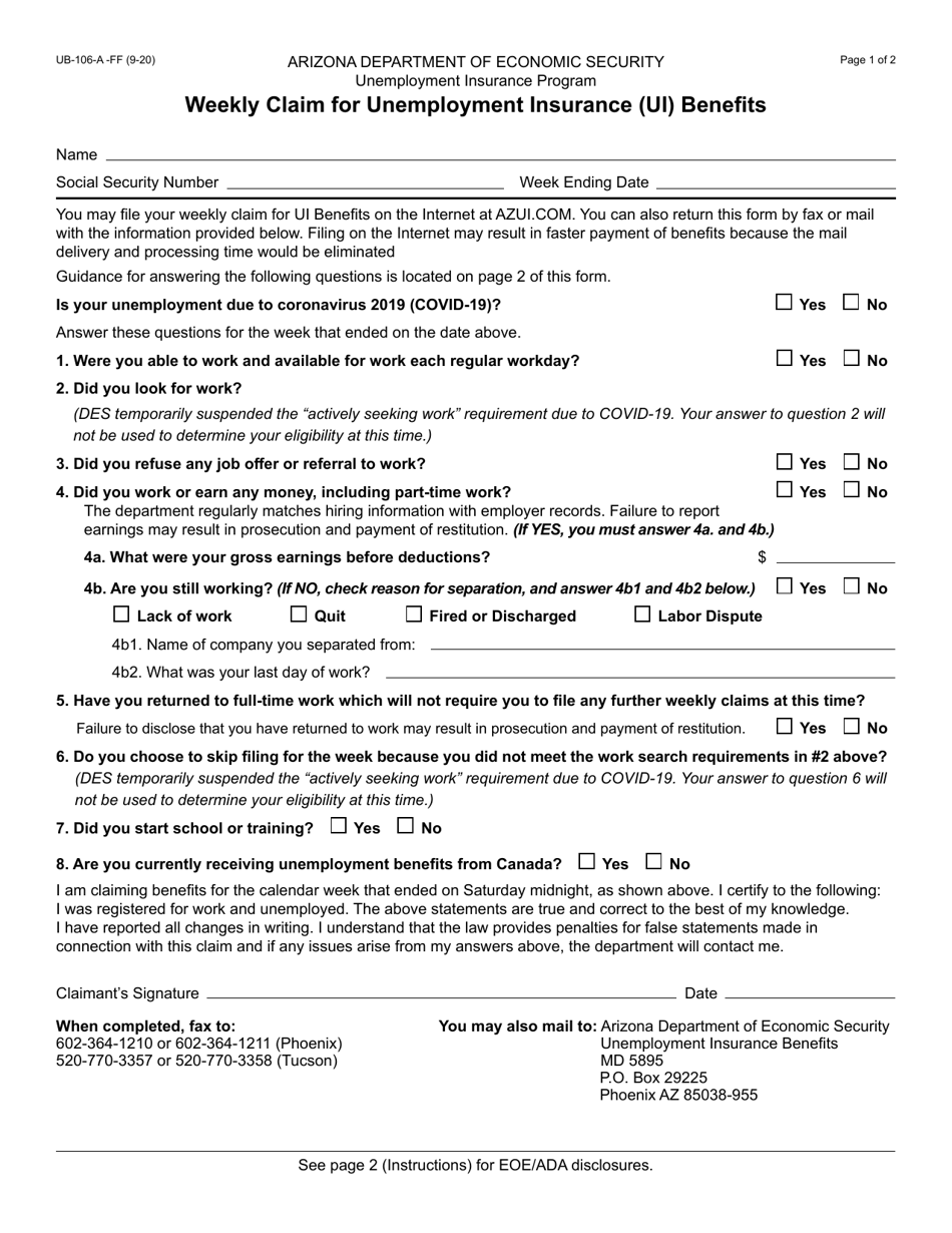 Form UB-106A Weekly Claim for Unemployment Insurance (Ui) Benefits - Arizona, Page 1