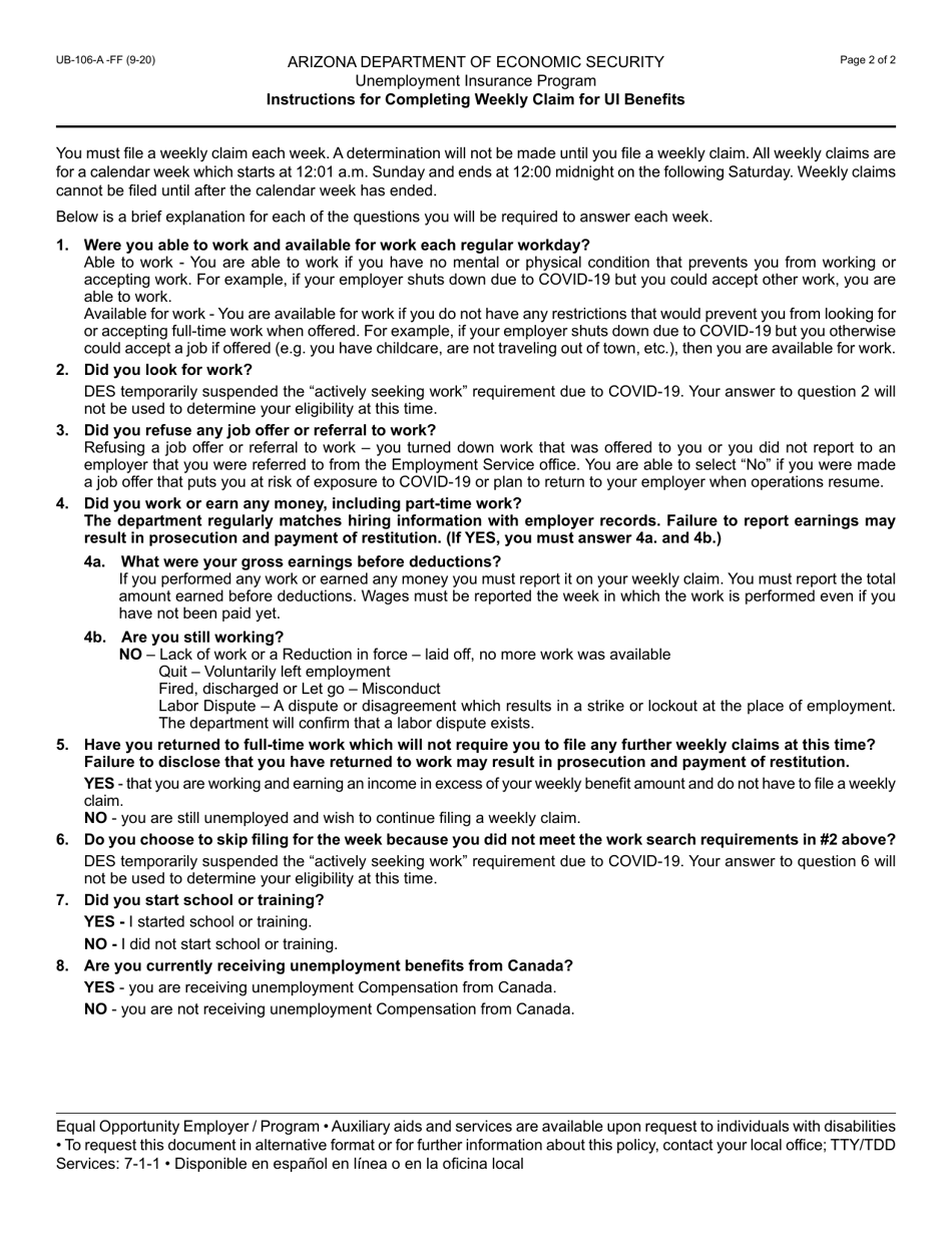 Form UB-106A Weekly Claim for Unemployment Insurance (Ui) Benefits - Arizona, Page 2