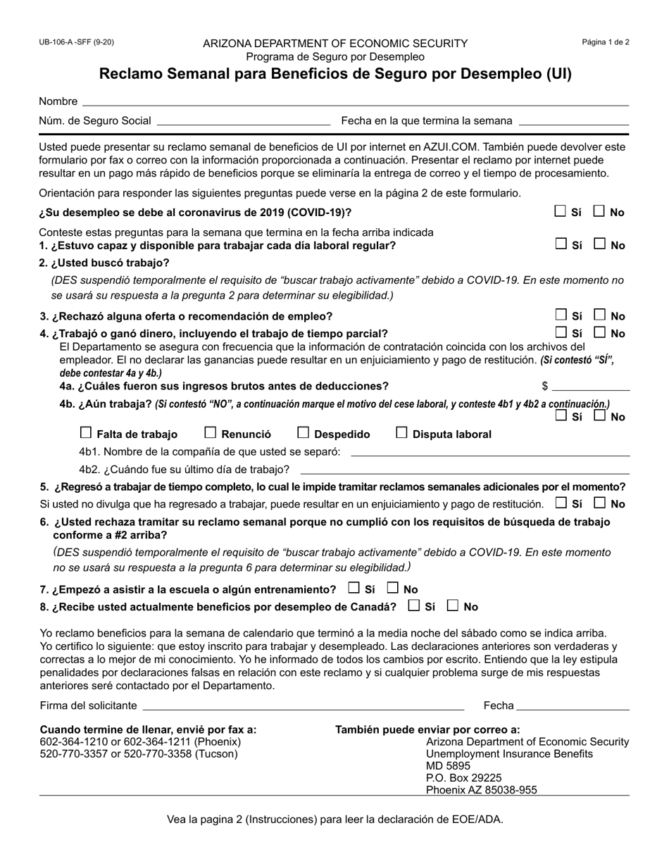 Formulario UB-106A-S Reclamo Semanal Para Beneficios De Seguro Por Desempleo (Ui) - Arizona (Spanish), Page 1