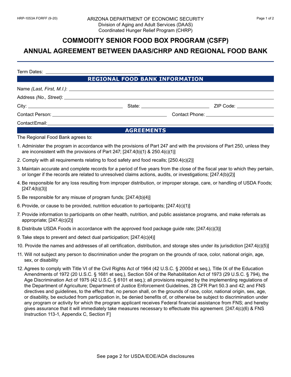 Form HRP-1053A Commodity Senior Food Box Program (Csfp) Annual Agreement Between Daas / Chrp and Regional Food Bank - Arizona, Page 1