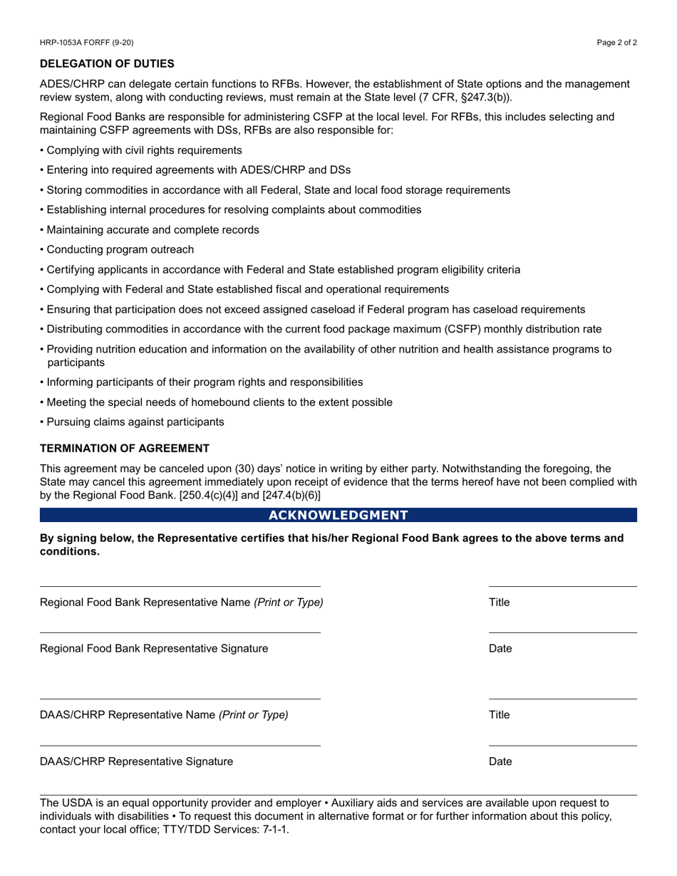 Form HRP-1053A Commodity Senior Food Box Program (Csfp) Annual Agreement Between Daas / Chrp and Regional Food Bank - Arizona, Page 2