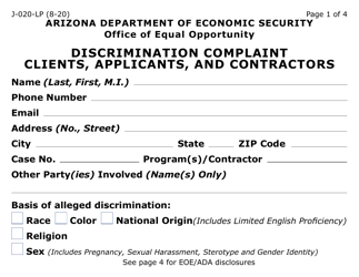 Document preview: Form J-020-LP Discrimination Complaint - Clients, Applicants and Contractors - Arizona