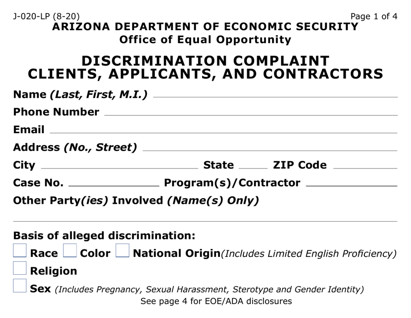 Form J-020-LP Discrimination Complaint - Clients, Applicants and Contractors - Arizona