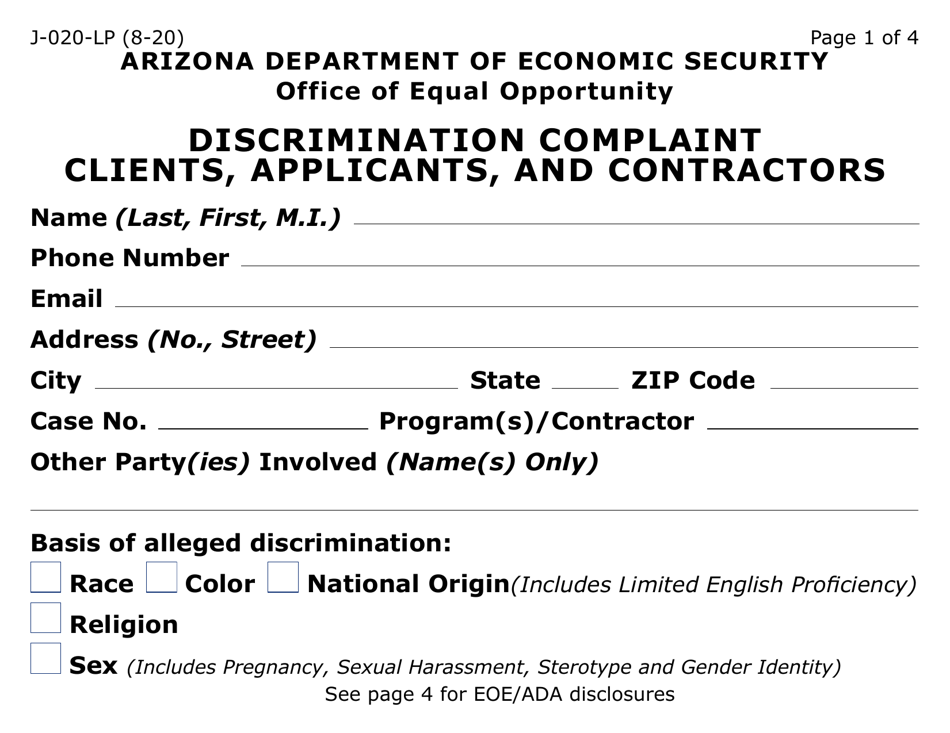Form J-020-LP Discrimination Complaint - Clients, Applicants and Contractors - Arizona, Page 1