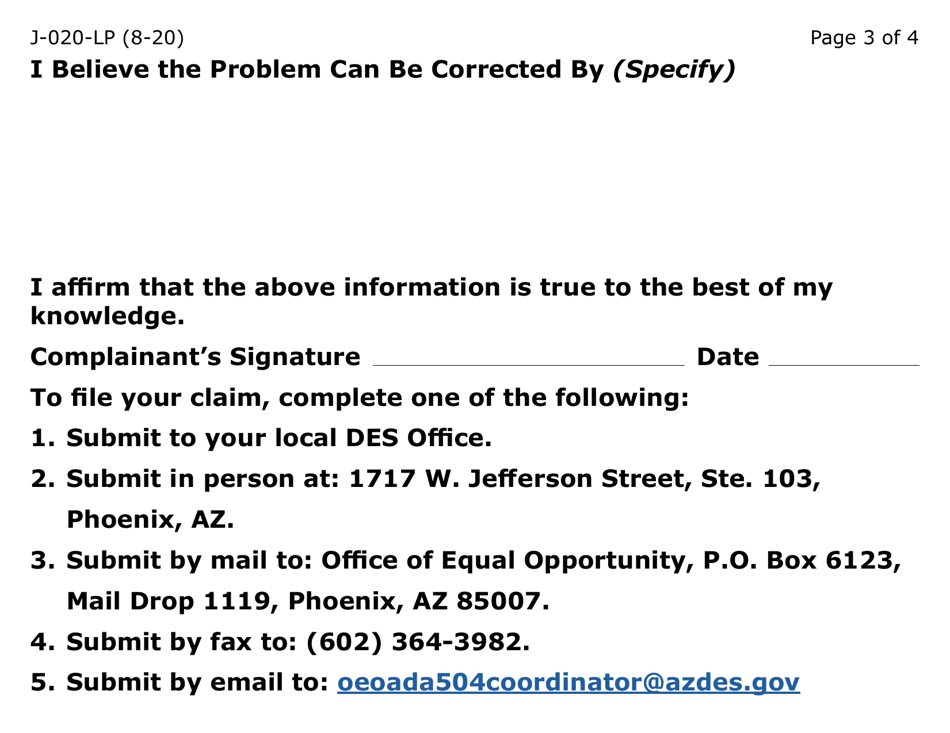 Form J-020-LP Discrimination Complaint - Clients, Applicants and Contractors - Arizona, Page 3