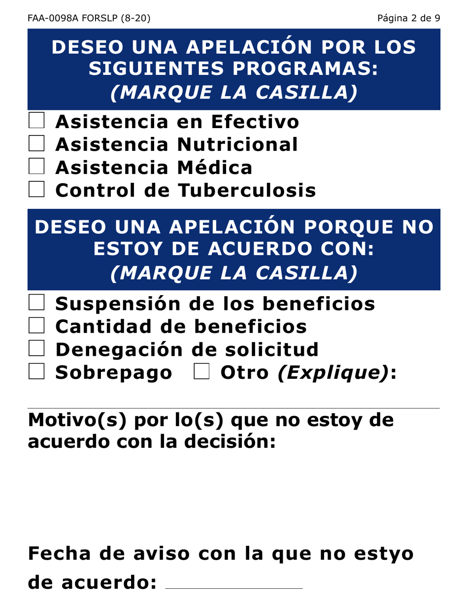 Formulario FAA-0098A-SLP Solicitud De Apelacion (Letra Grande) - Arizona (Spanish), Page 2