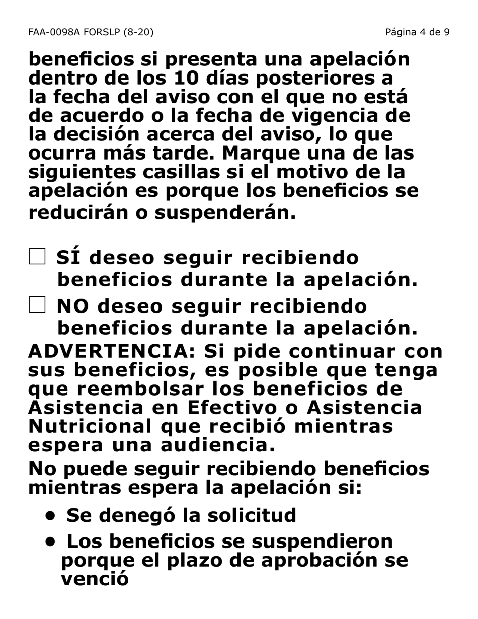 Formulario FAA-0098A-SLP Solicitud De Apelacion (Letra Grande) - Arizona (Spanish), Page 4